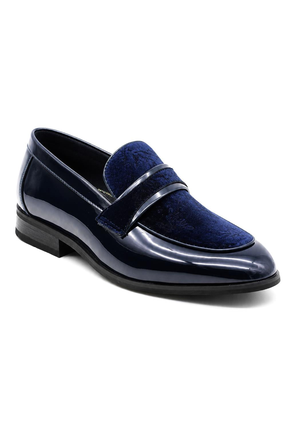 Men's Navy Floral Velvet Patent Dress Loafers