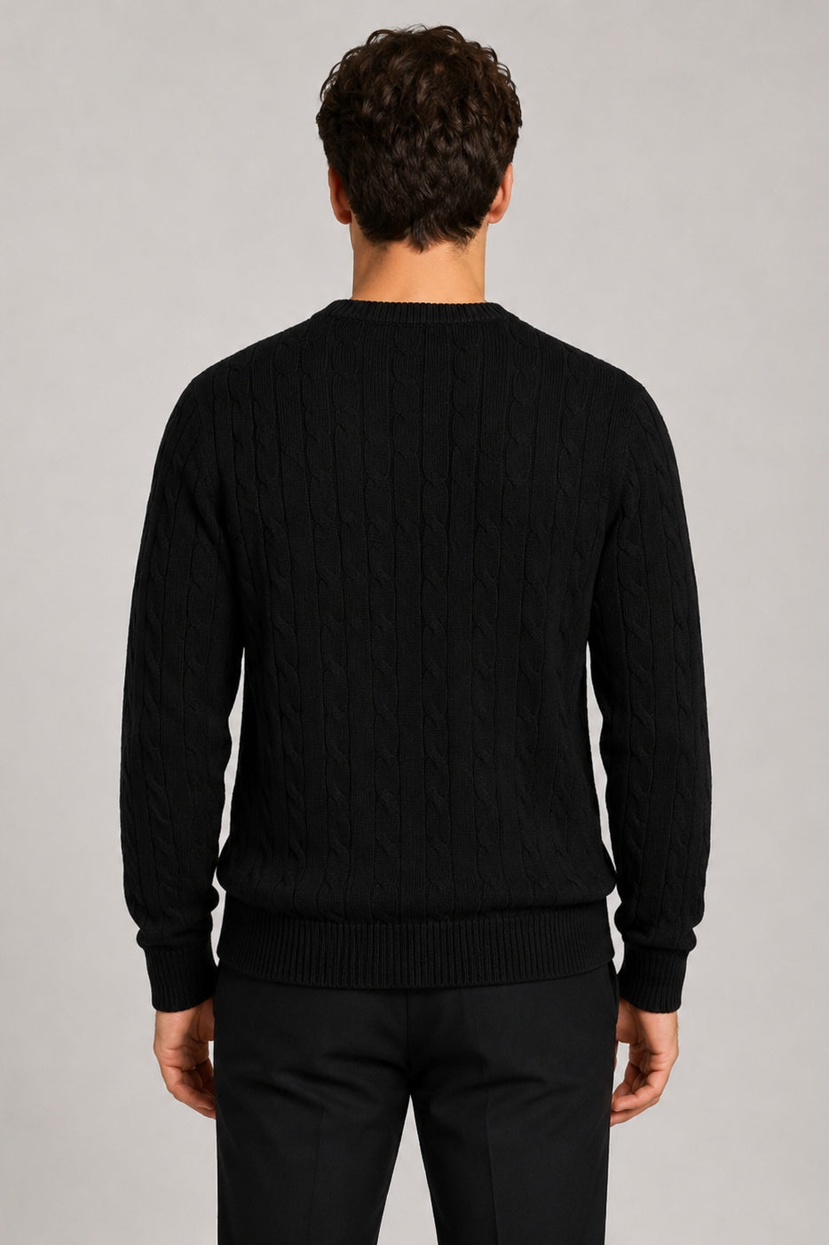 Men's Black 100% Cotton Fine Cable Knit Crew Neck Jumper