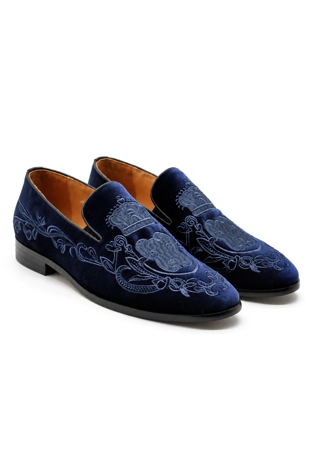 FRED Men’s Navy Blue Embroidered Velvet Party Loafers