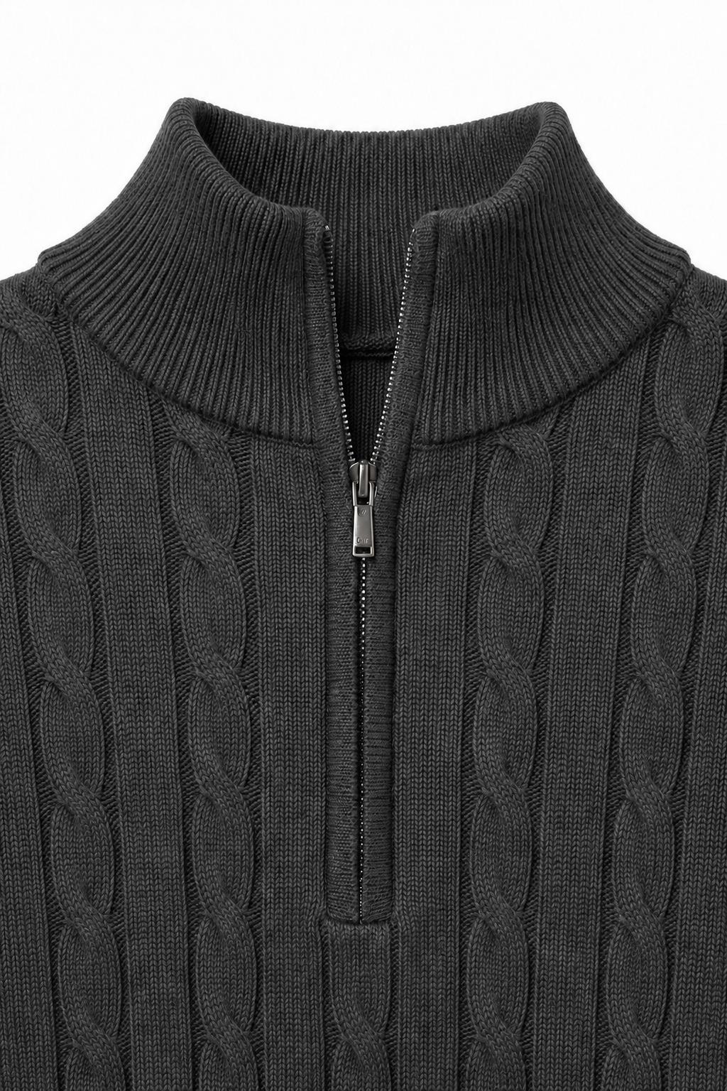 Men's Charcoal Grey 100% Cotton Fine Cable Knit Quarter Zip Neck Jumper