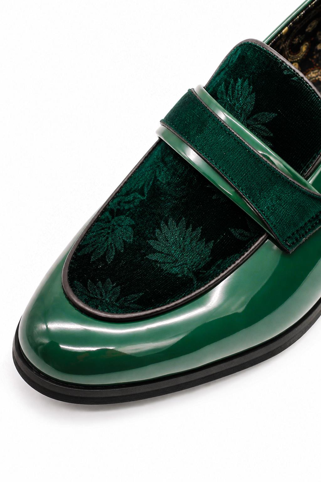 Men's Green Floral Velvet Patent Dress Loafers