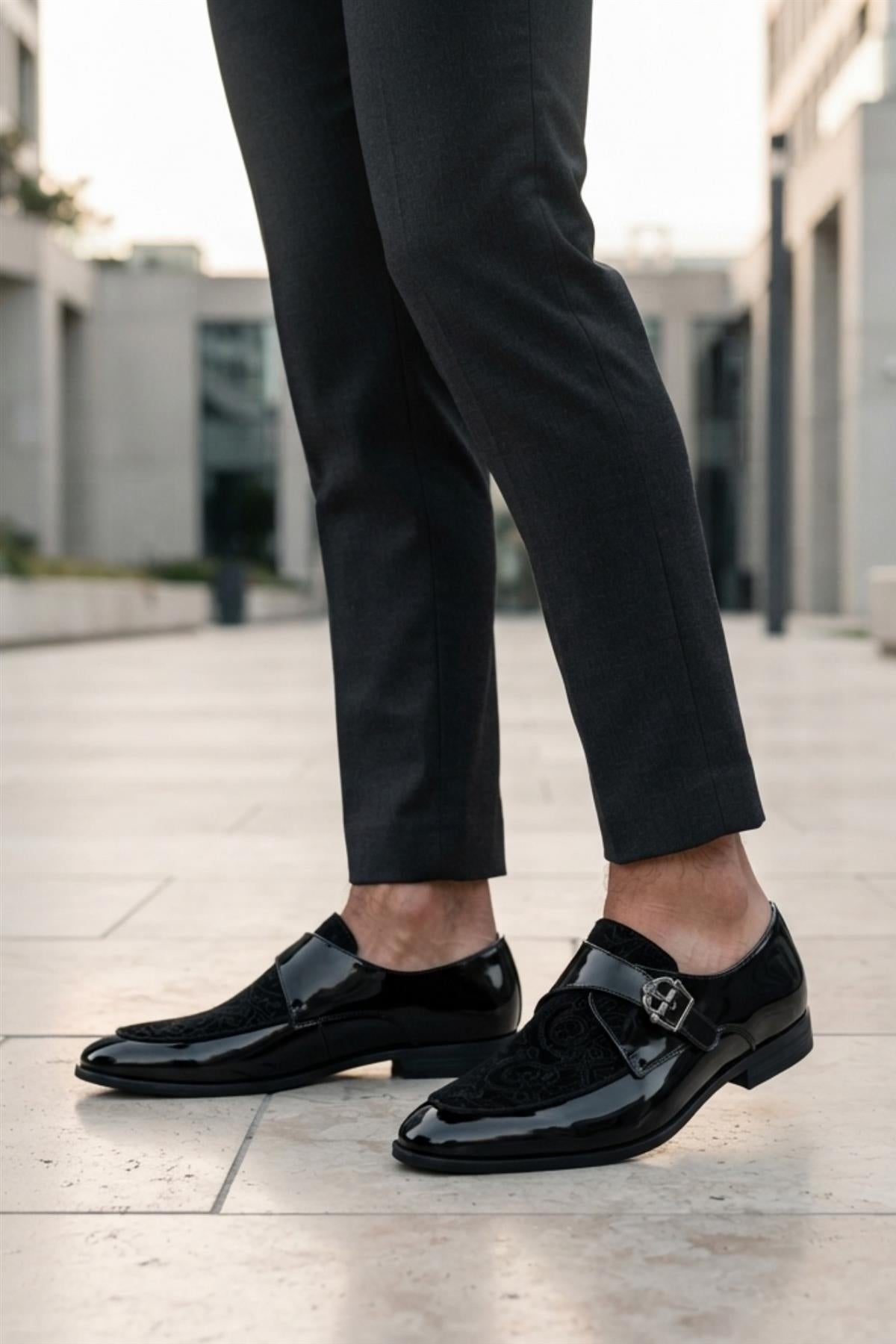 Men's Black Floral Velvet Monk Strap Dress Shoes