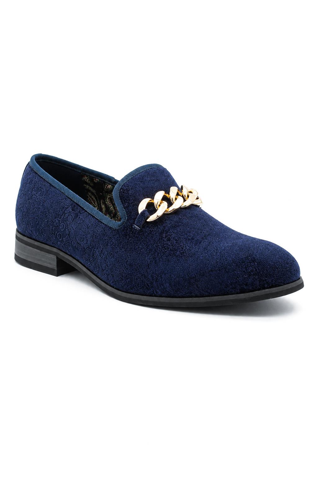 Men's Navy Floral Velvet Gold Chain Wedding Loafers