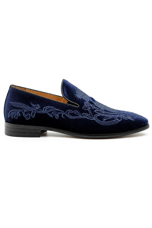 FRED Men’s Navy Blue Embroidered Velvet Party Loafers