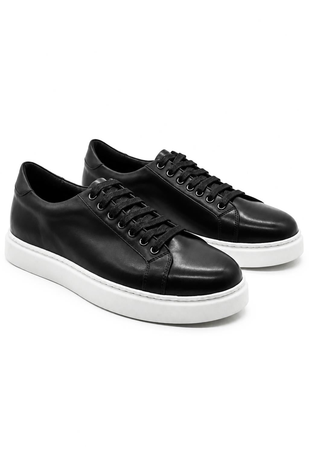 Men's Black Real Leather Lace-Up Trainers White Sole