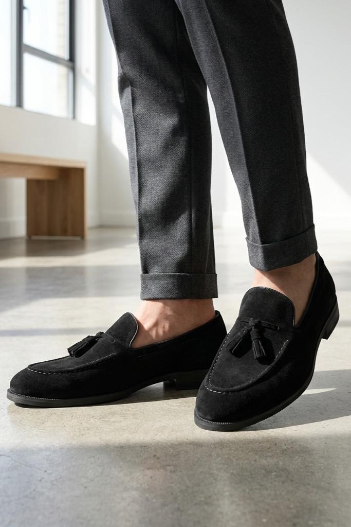 PABLO Men’s Black Real Suede Leather Tassel Loafers