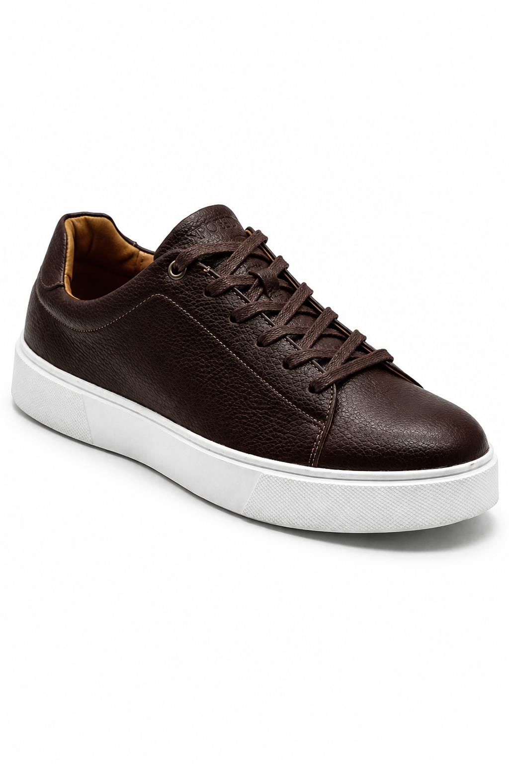 Men’s Coffee Brown Grain-Effect Faux Leather Lace-Up Trainers