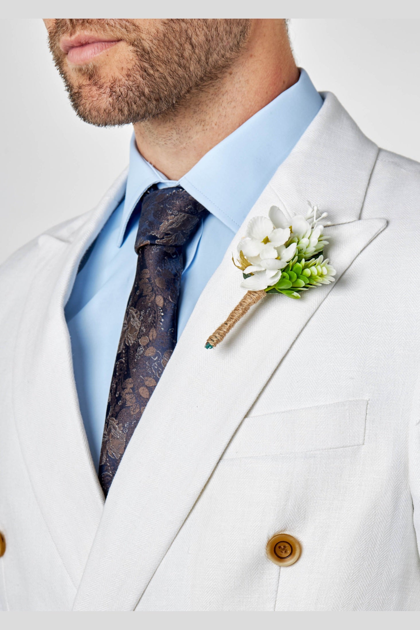 RAY - Tailored Fit Off White Herringbone Linen Double Breasted Jacket