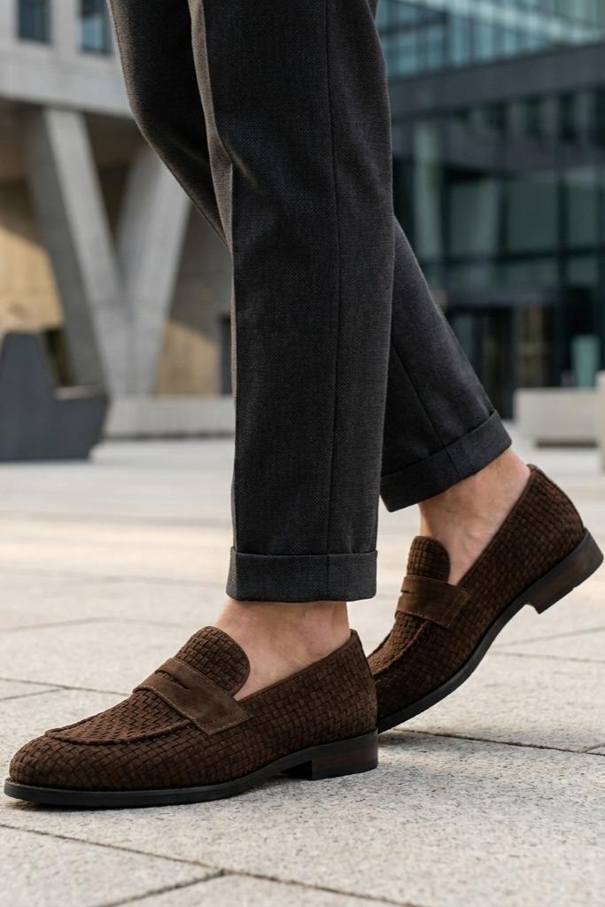 BRIO Men’s Brown Woven Suede Leather Penny Loafers
