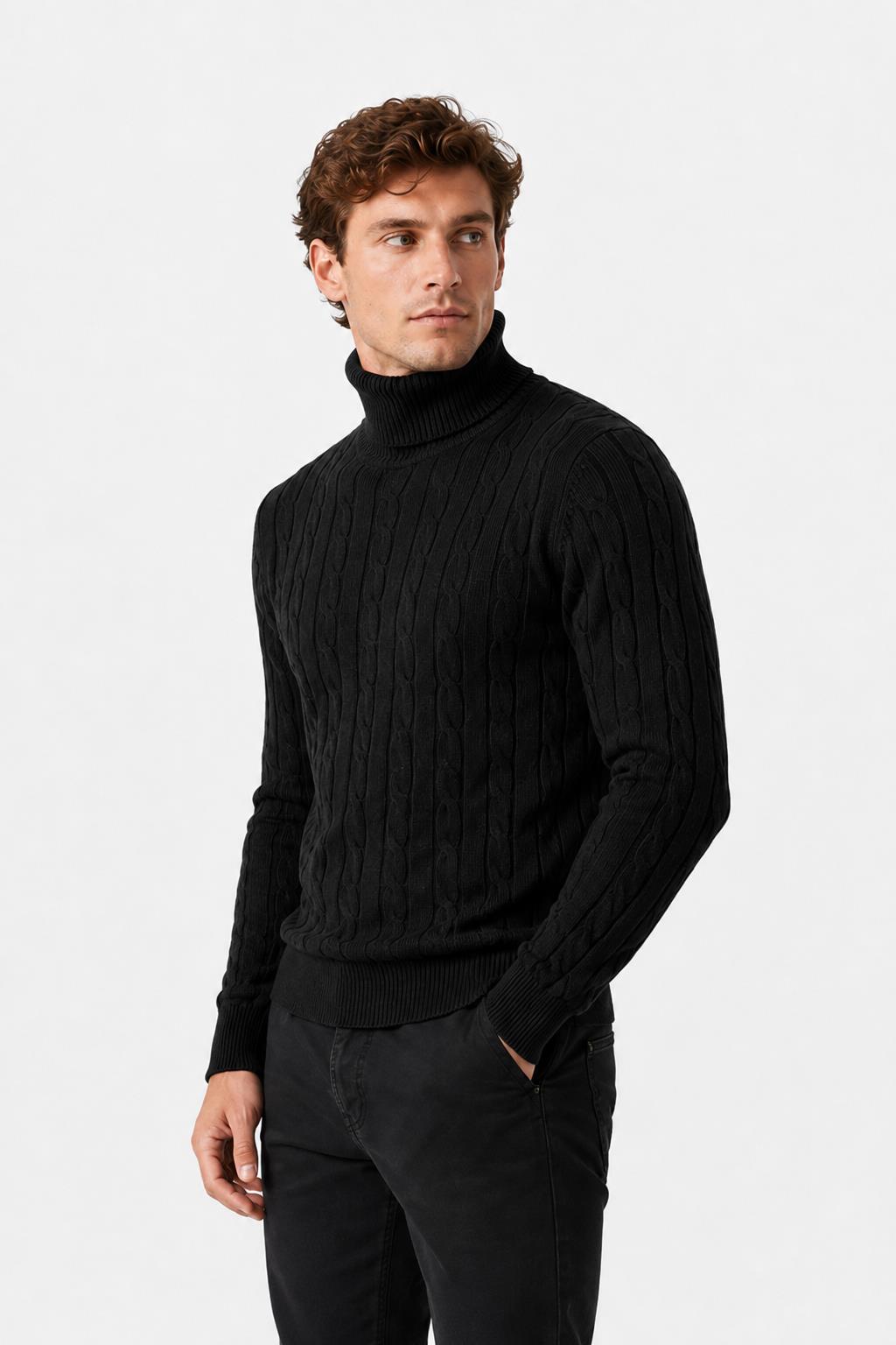 Men's Black 100% Cotton Fine Cable Knit Roll Neck Jumper