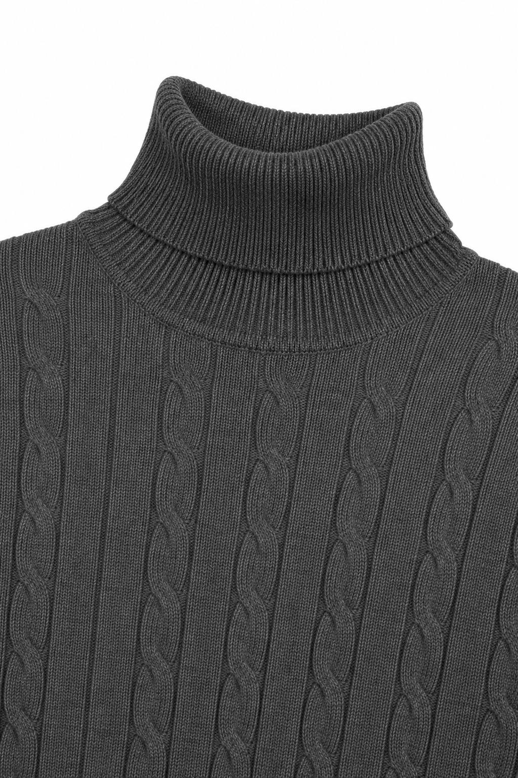 Men's Charcoal Grey 100% Cotton Fine Cable Knit Roll Neck Jumper