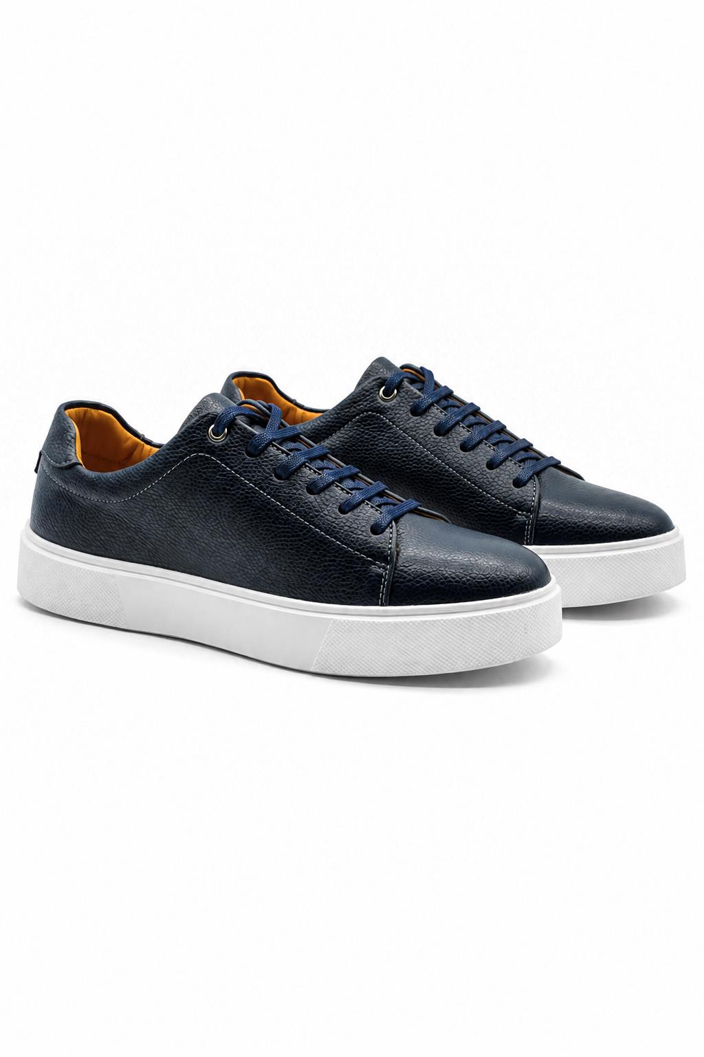Men’s Navy Grain-Effect Faux Leather Lace-Up Trainers