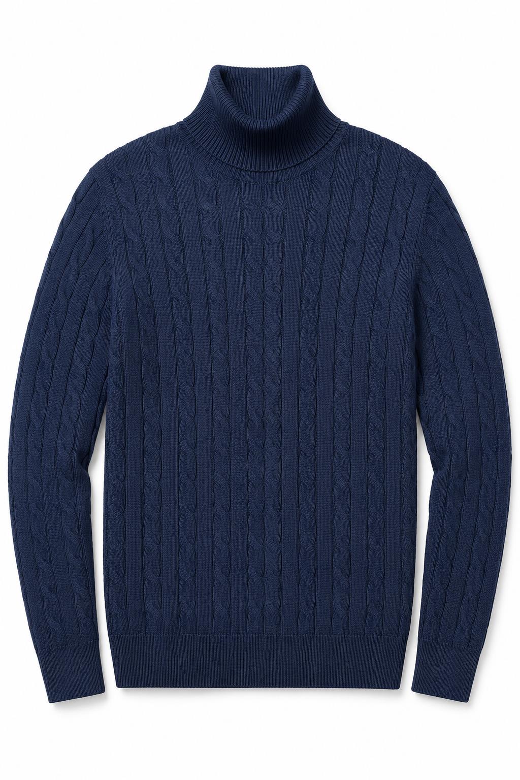 Men's Navy 100% Cotton Fine Cable Knit Roll Neck Jumper