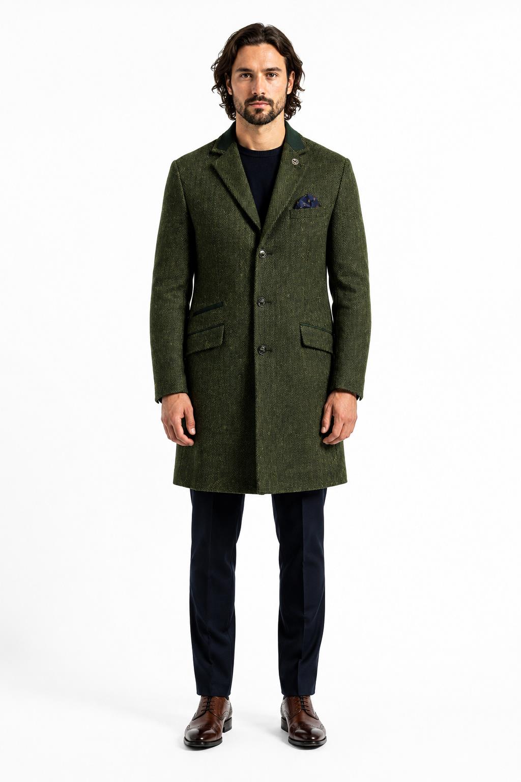 Men's Olive Green Herringbone Wool Blend Tailored Fit Overcoat