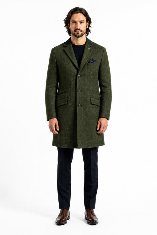 Men's Olive Green Herringbone Wool Blend Tailored Fit Overcoat