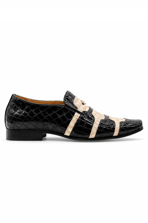 Men’s Black & Beige Shiny Patent Print Occasion Shoes
