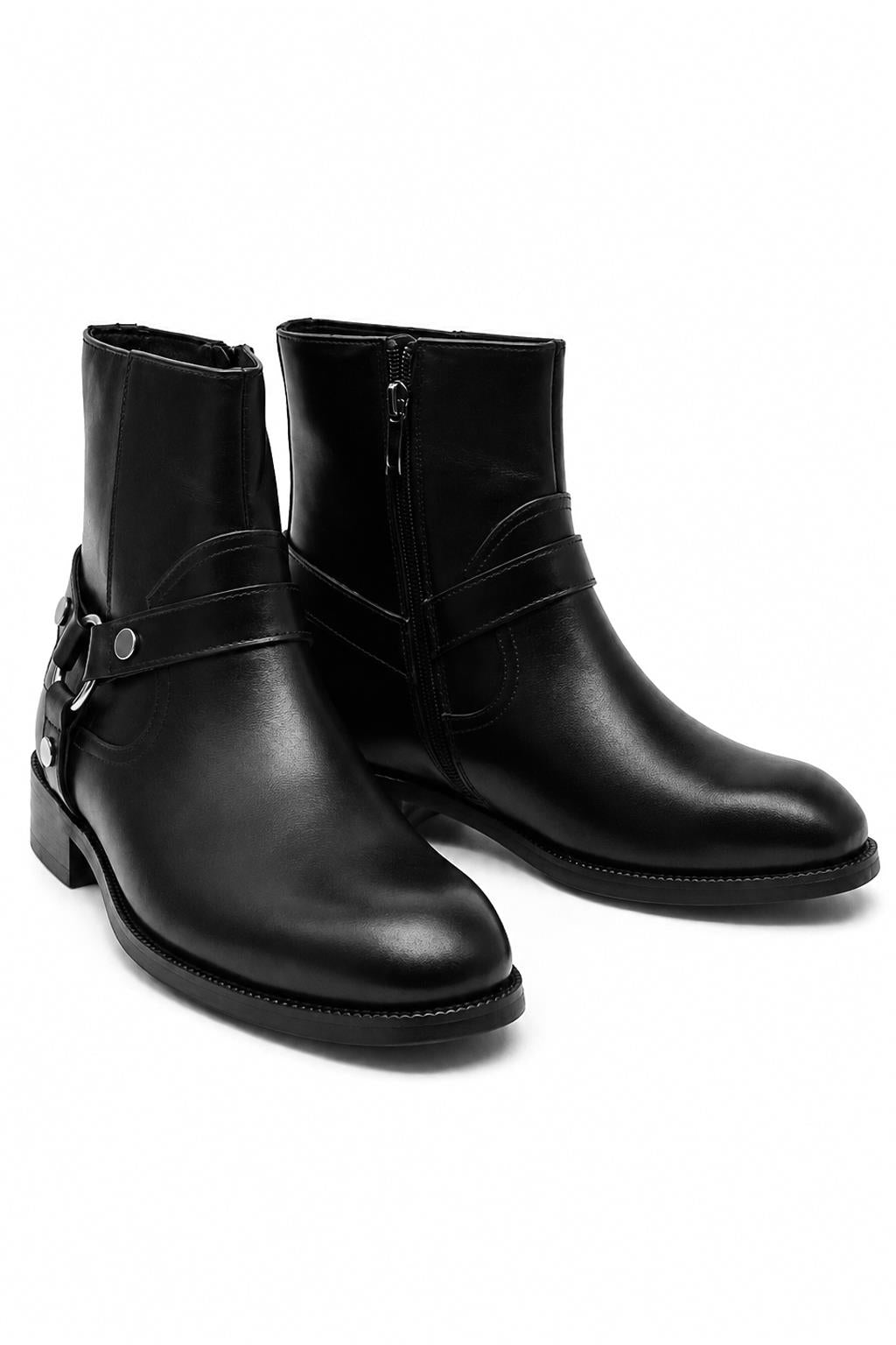 DIEGO Men’s Black Polished Leather Side Zip Ankle Biker Boots