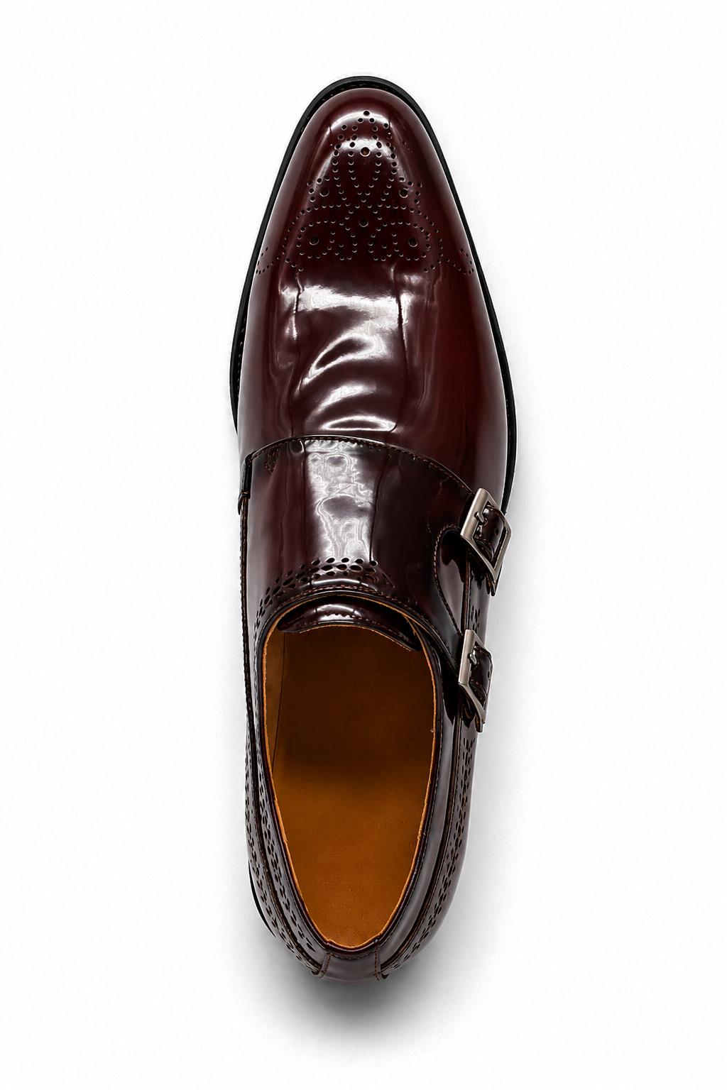 ROAN Men’s Maroon Glossy Patent Leather Monk Strap Dress Shoes