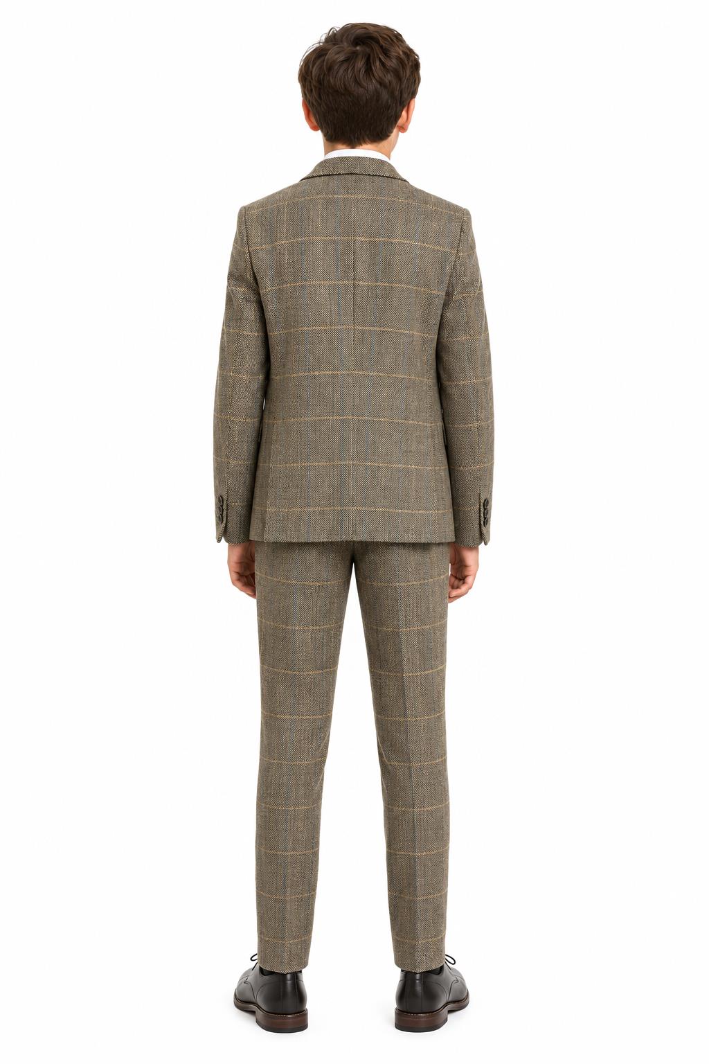Boys Tan Brown Tweed Check 3 Piece Suit with Lapel Pin