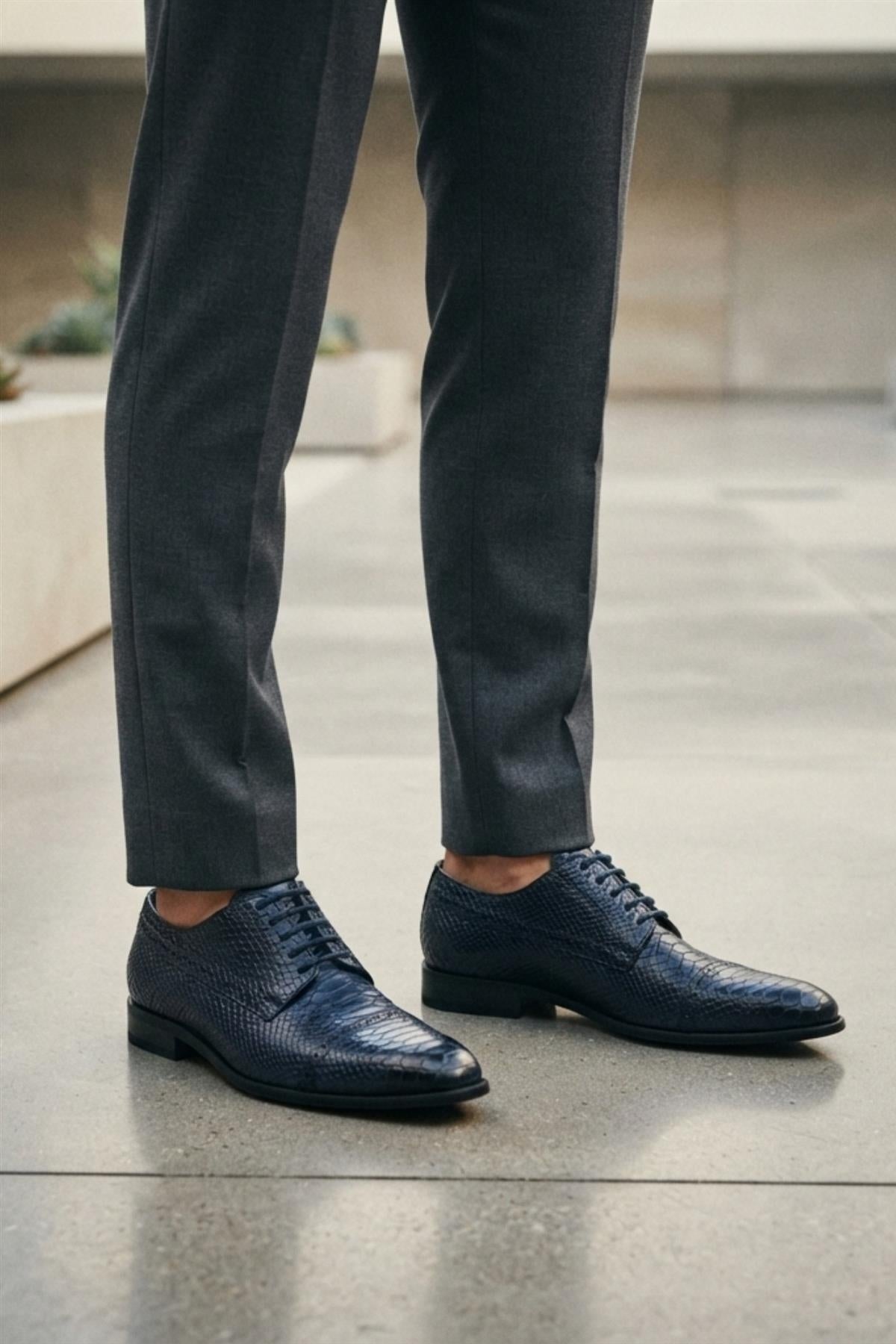 Men's Navy Embossed Faux Leather Lace up Derby Shoes