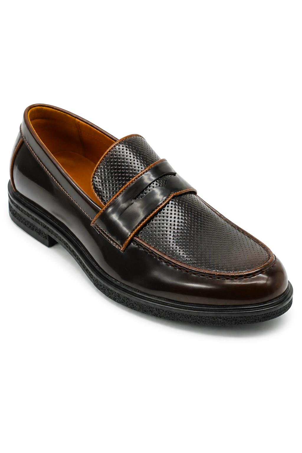 Men’s Brown Patent Pin-Dot Penny Loafers