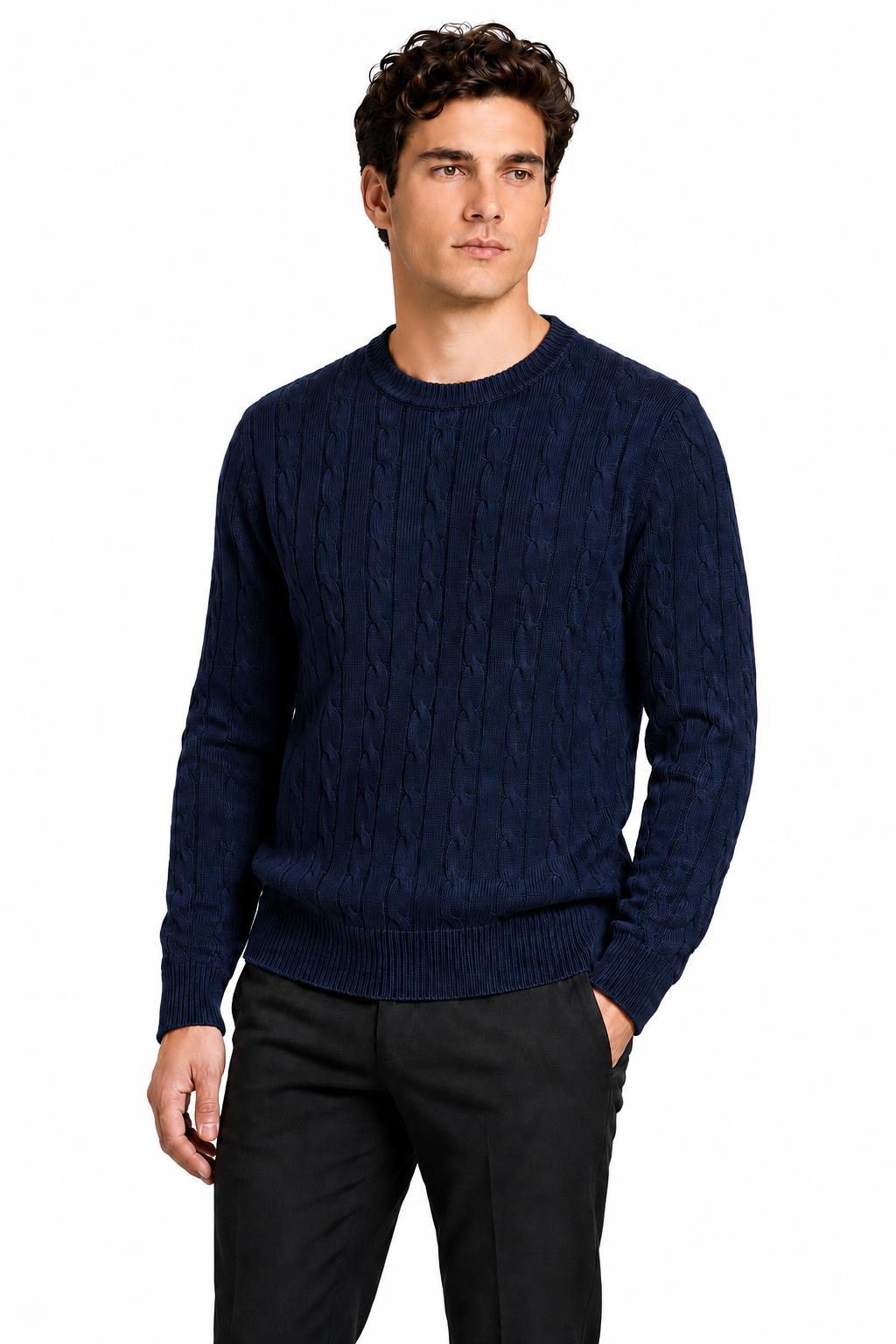 Men's Navy 100% Cotton Fine Cable Knit Crew Neck Jumper