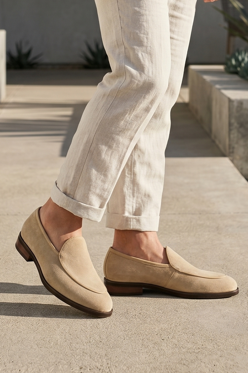 Men's Beige Suede Leather Dress Loafers