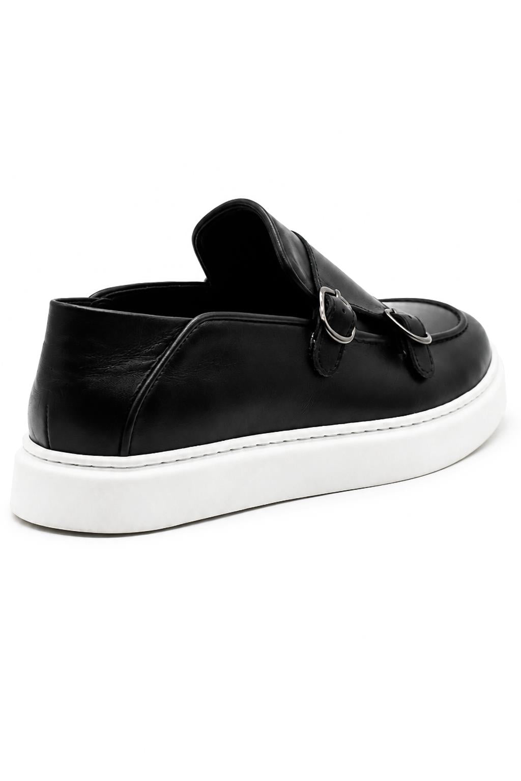 Men's Black Real Leather Double Monk Strap Trainers White Sole