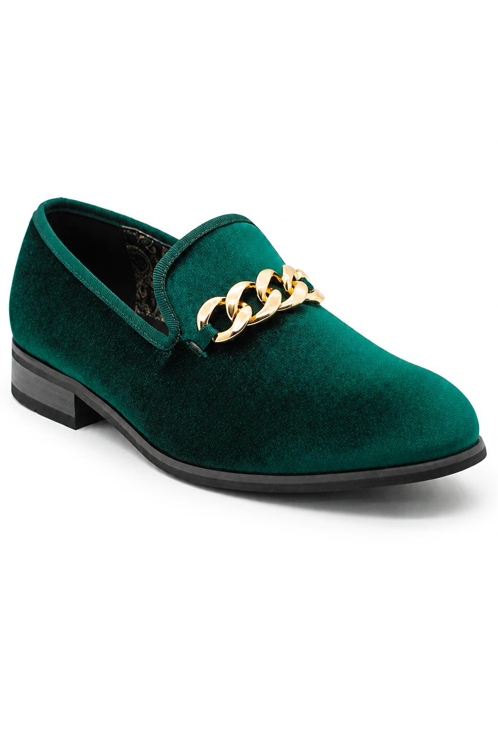Men's Green Smooth Velvet Gold Chain Dress Loafers