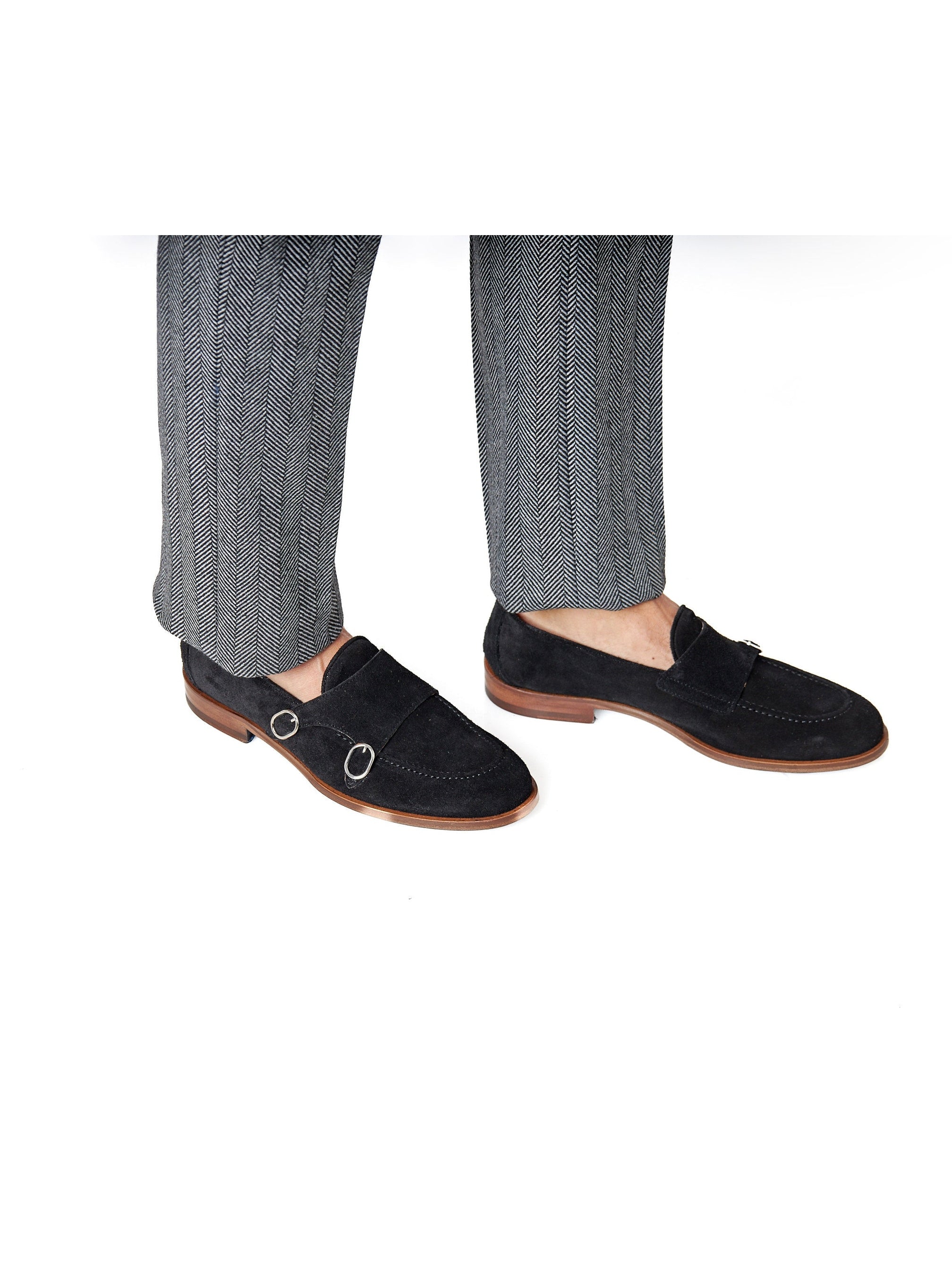 BLACK ITALIAN SUEDE DOUBLE BUCKLE MONK LOAFER