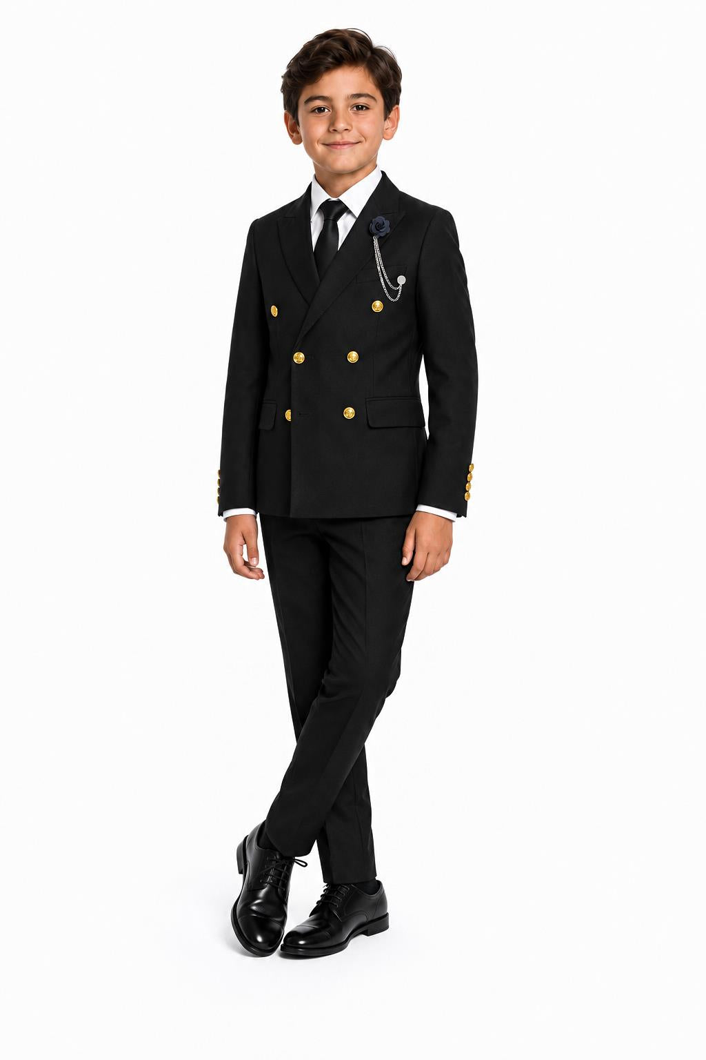 Boys Black Double Breasted 2 Piece Suit with Gold Buttons & Lapel Pin