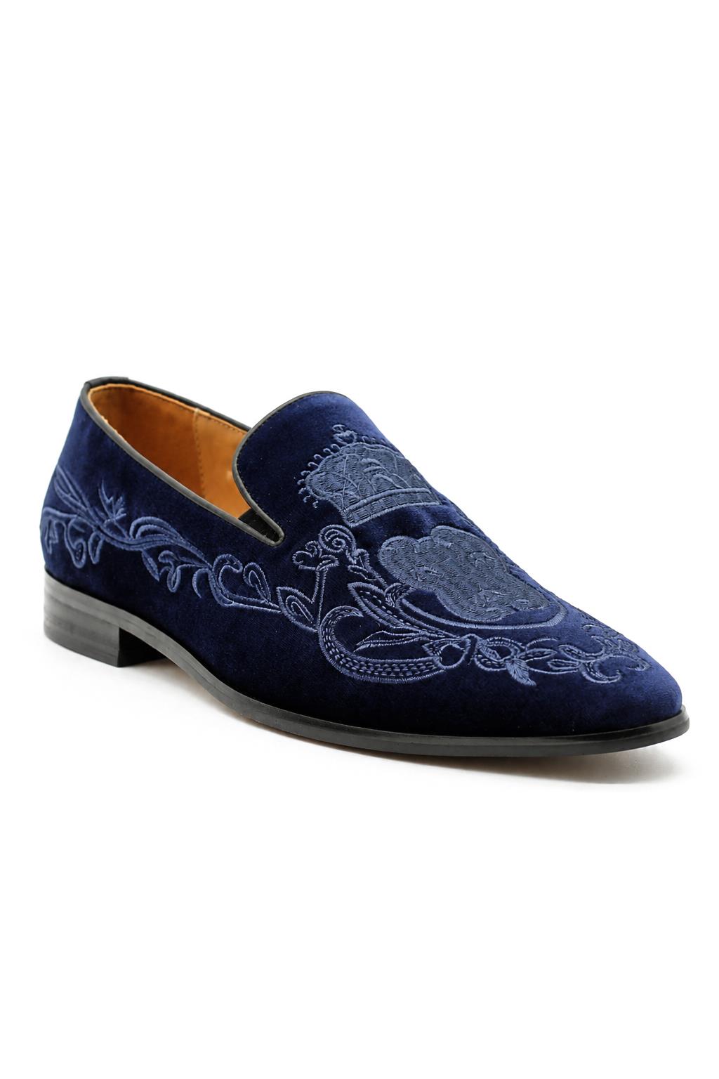 FRED Men’s Navy Blue Embroidered Velvet Party Loafers
