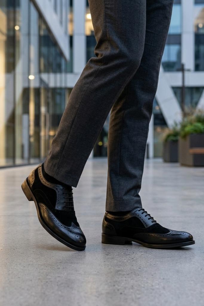 Lawson Men's Handmade Leather & Suede Wingtip Brogue Shoes – Black