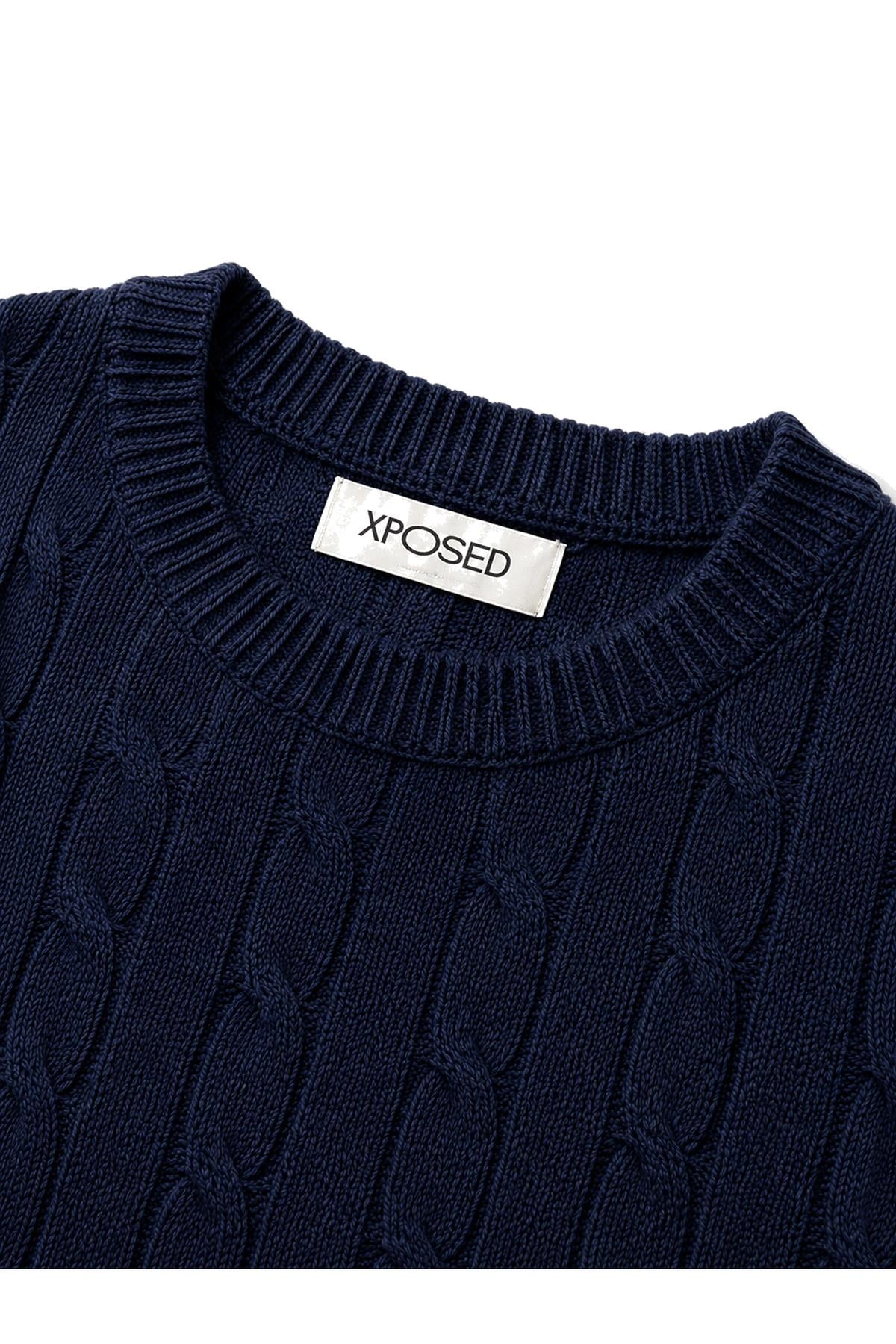 Men's Navy 100% Cotton Fine Cable Knit Crew Neck Jumper