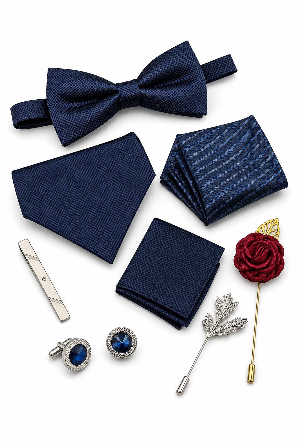 Men’s Navy Blue Textured 8-Piece Tie & Bow Tie Wedding Gift Set