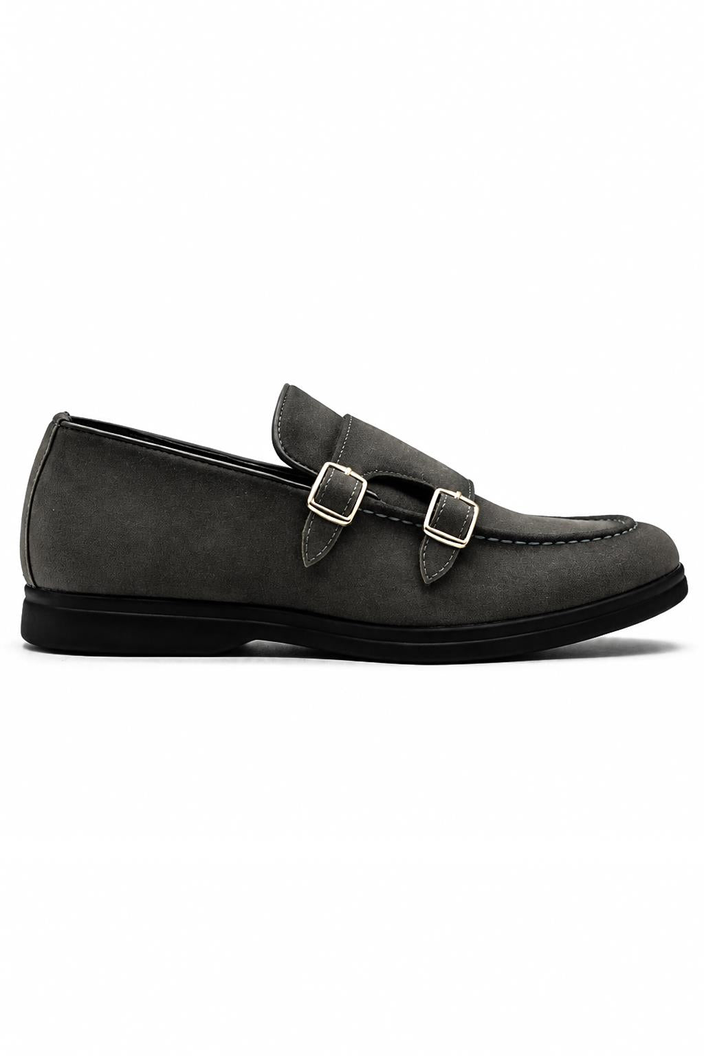 Men's Grey Faux Suede Double Monk Strap Loafers