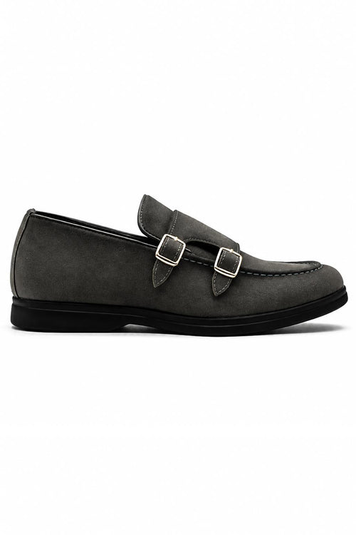 Men's Grey Faux Suede Double Monk Strap Loafers