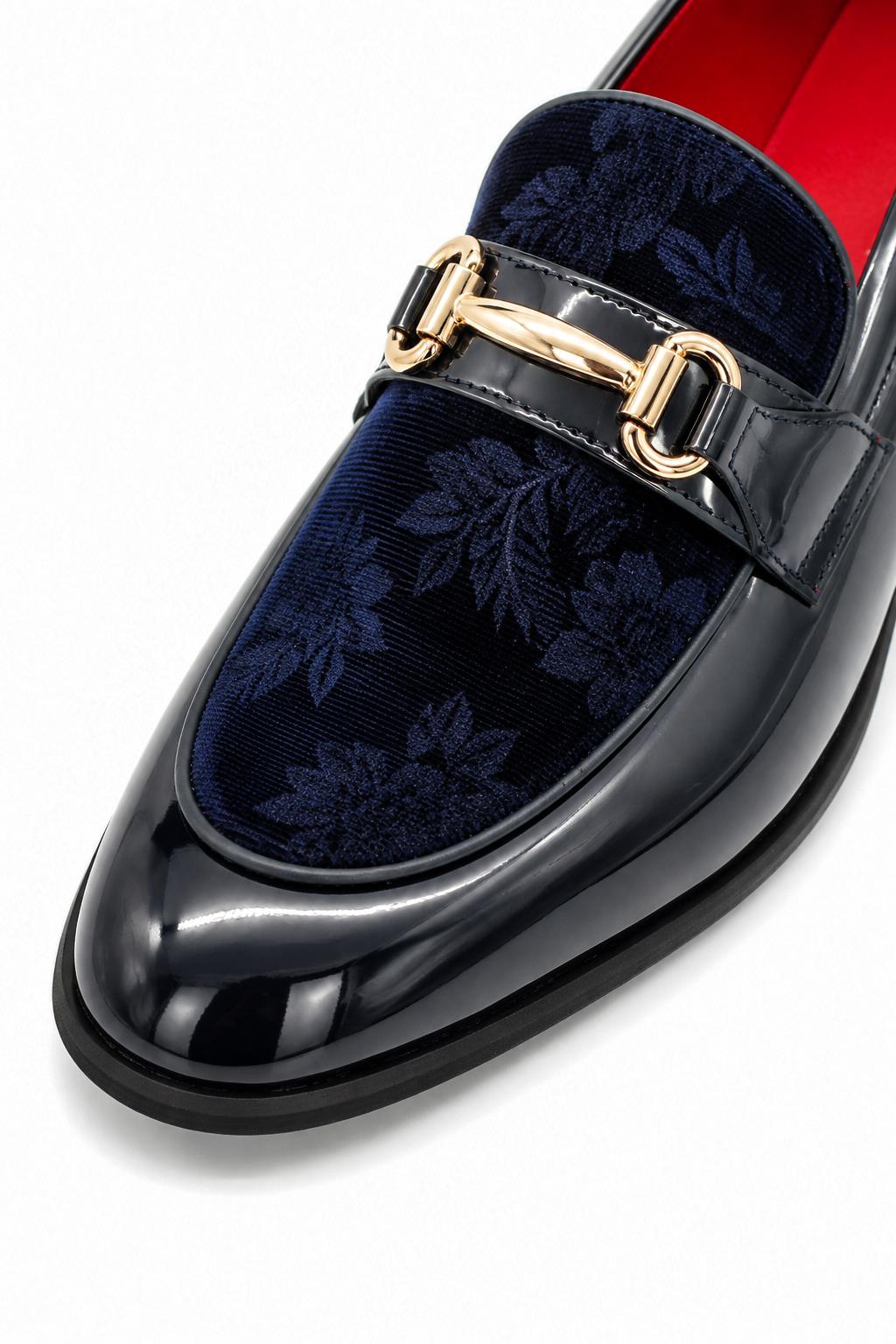 Men's Navy Floral Velvet Patent Snaffle Dress Loafers