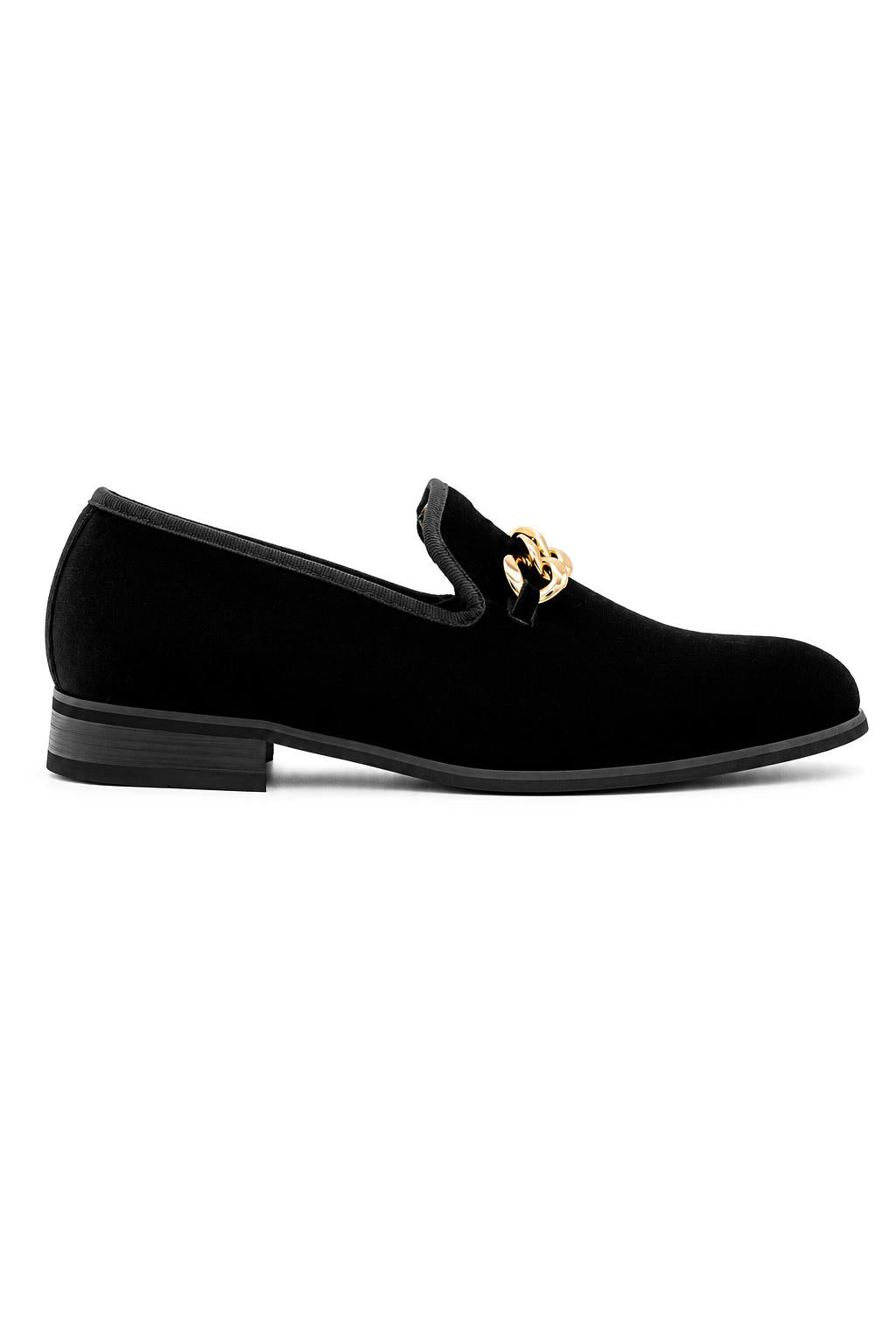 Men's Black Smooth Velvet Gold Chain Dress Loafers