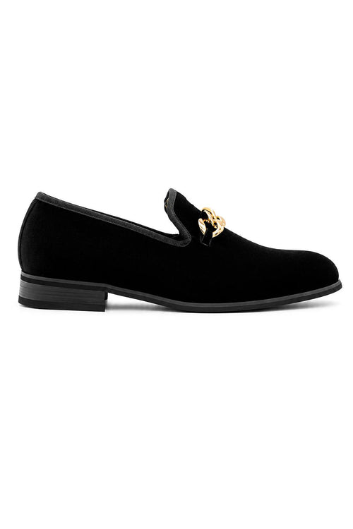 Men's Black Smooth Velvet Gold Chain Dress Loafers