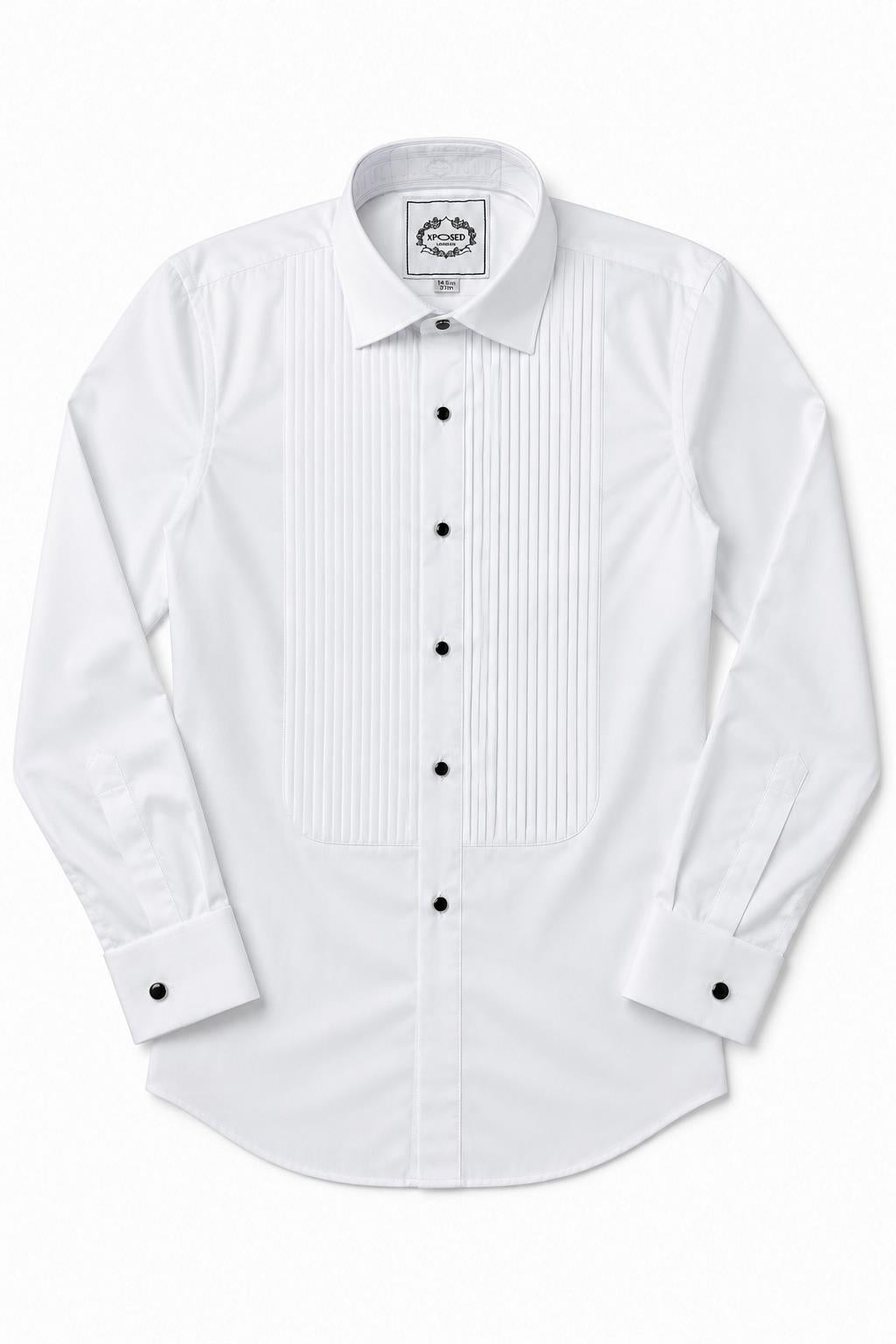Men's White Pleated Front Tuxedo Shirt with Black Buttons & Pocket Square