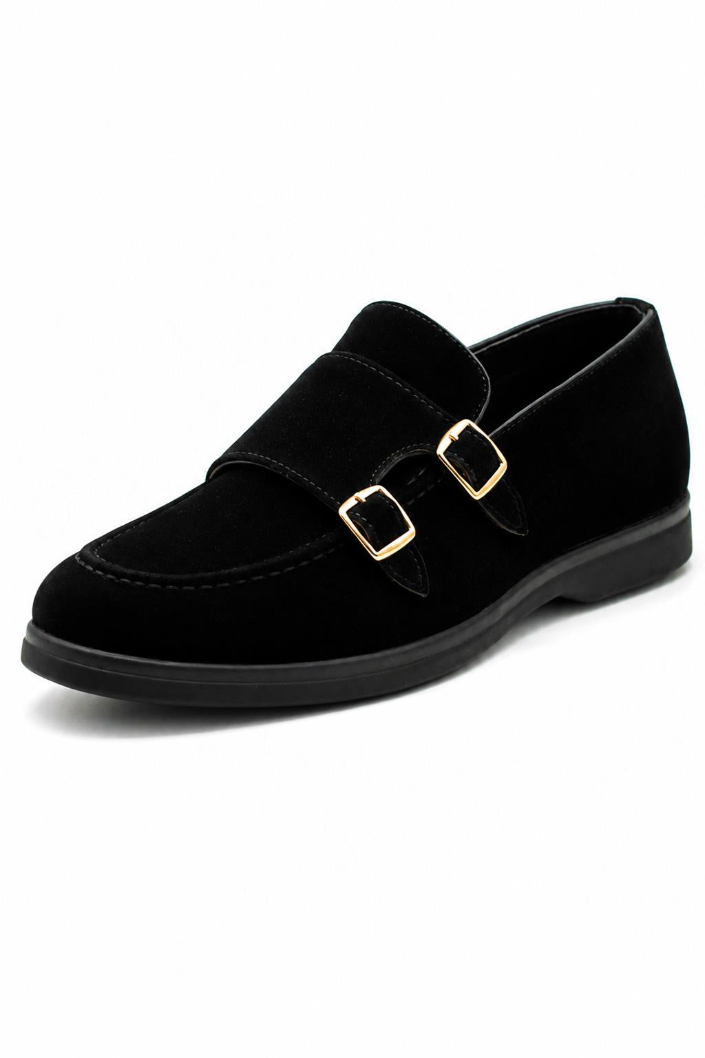 Men's Black Faux Suede Double Monk Strap Loafers