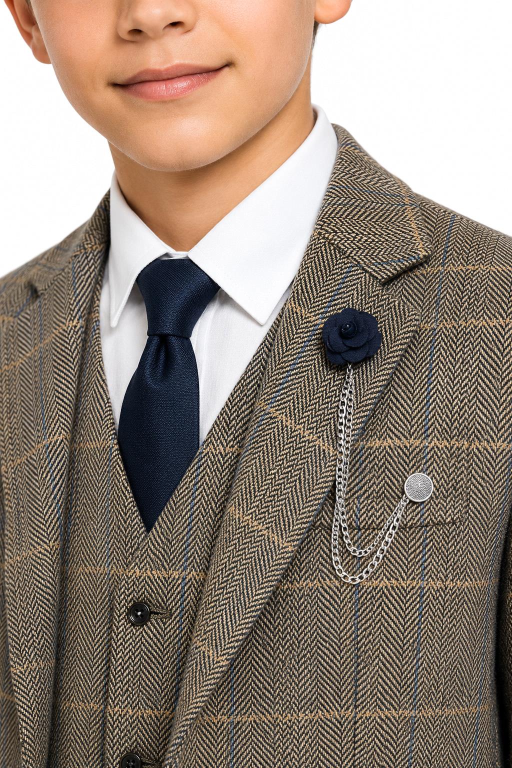 Boys Tan Brown Tweed Check 3 Piece Suit with Lapel Pin