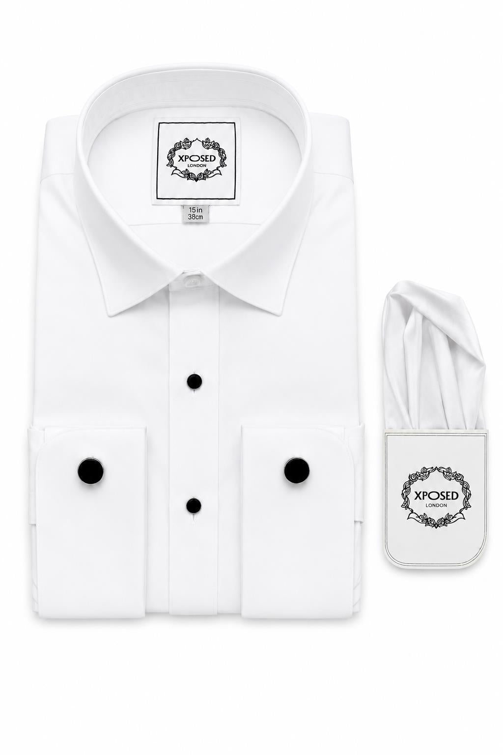 Men's White Formal Shirt with Black Buttons & Pocket Square
