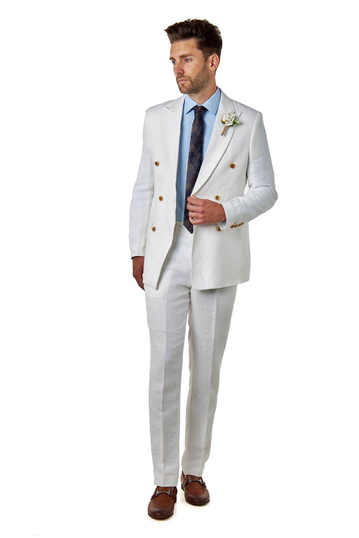 RAY - Tailored Fit Off White Herringbone Linen Double Breasted Jacket