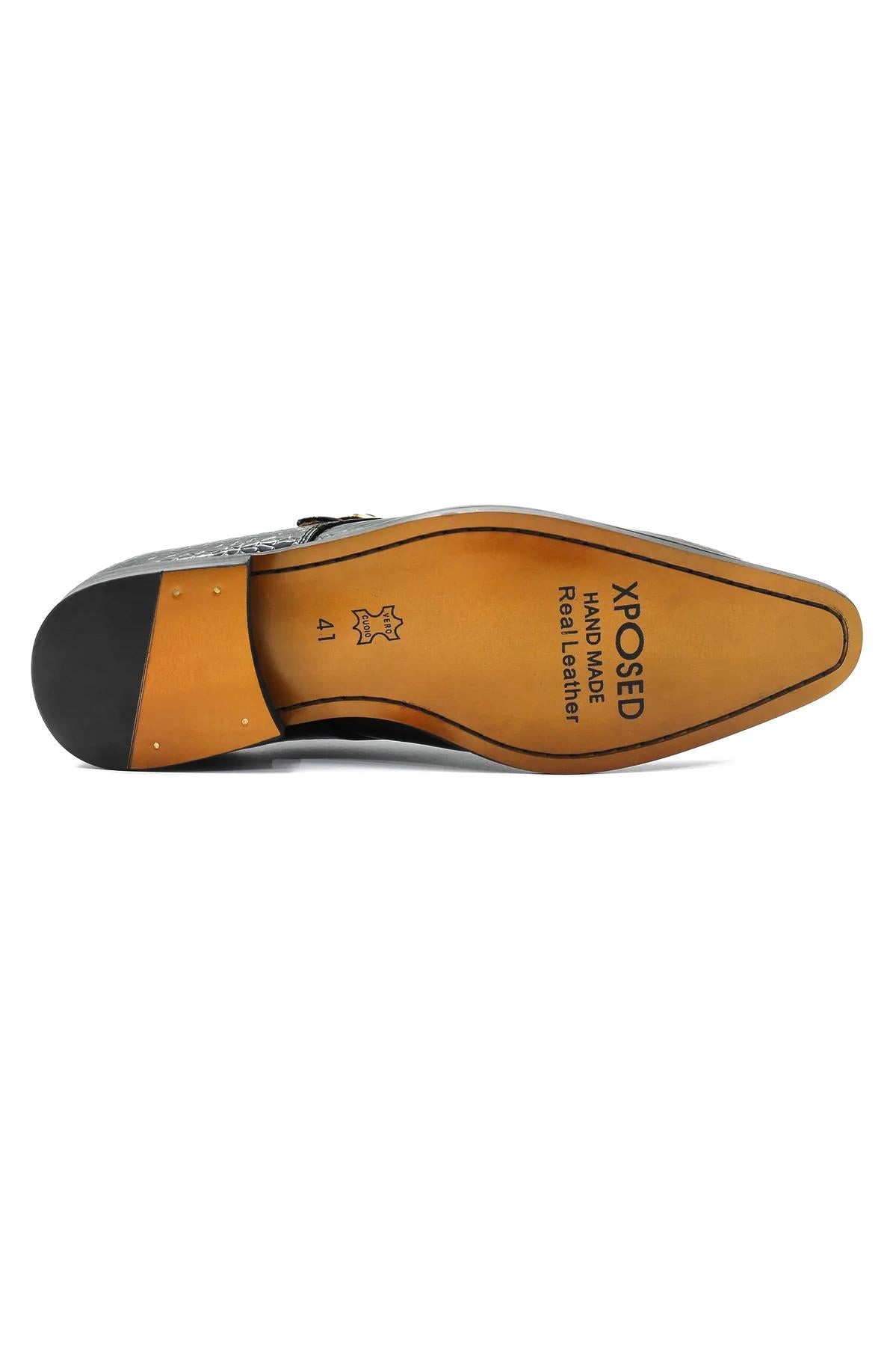 BLACK CROC PRINT PATENT LEATHER MONK SHOES