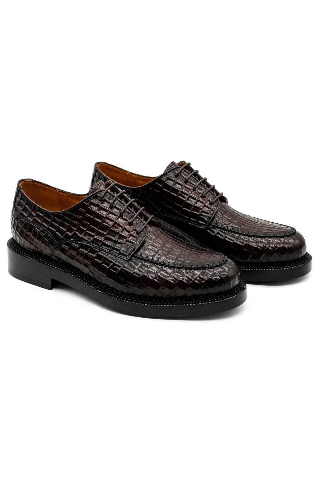 MARLOW Men’s Dark Brown Croc-Embossed Leather Moc-Toe Derby Shoes