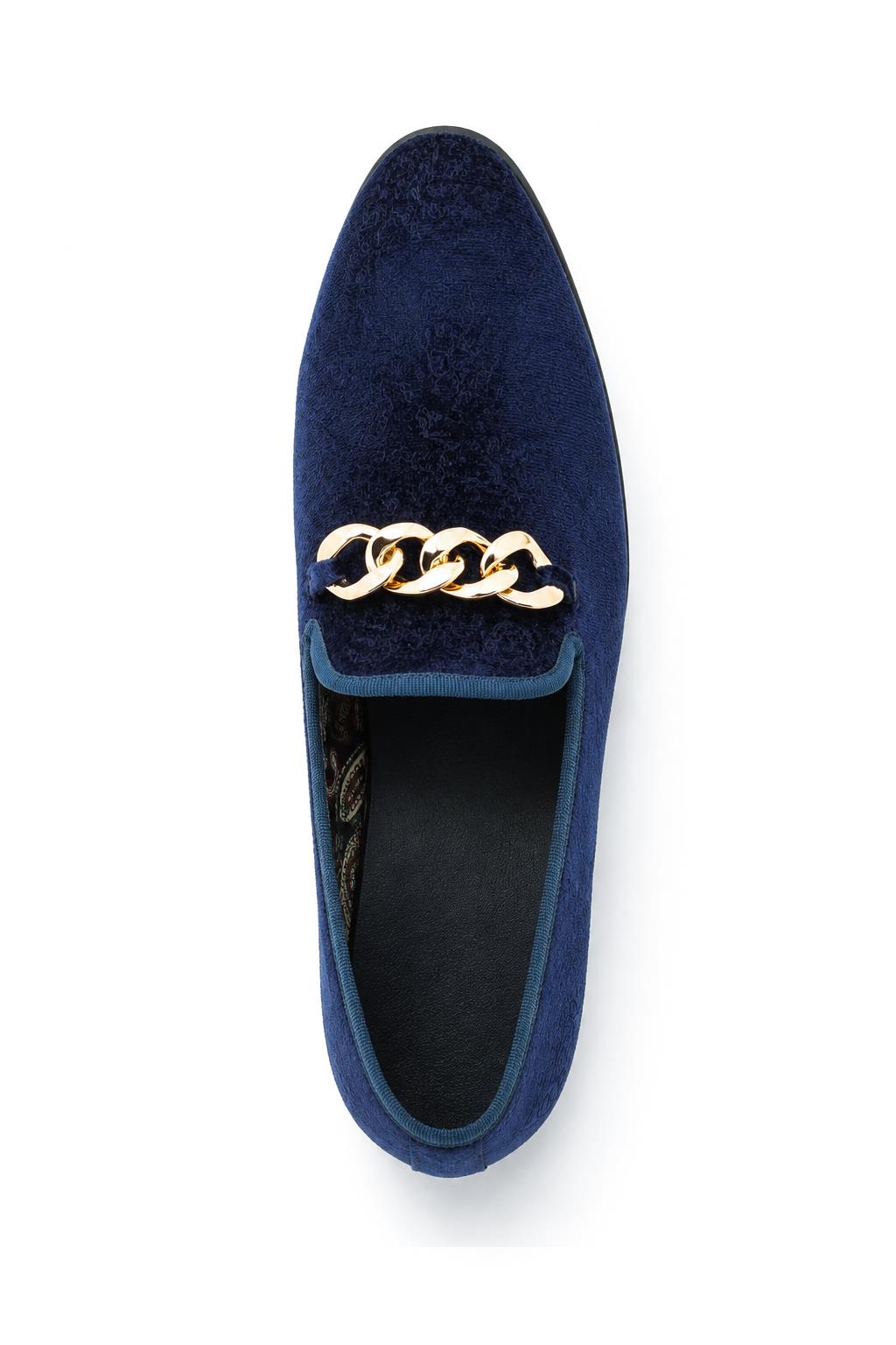 Men's Navy Floral Velvet Gold Chain Wedding Loafers