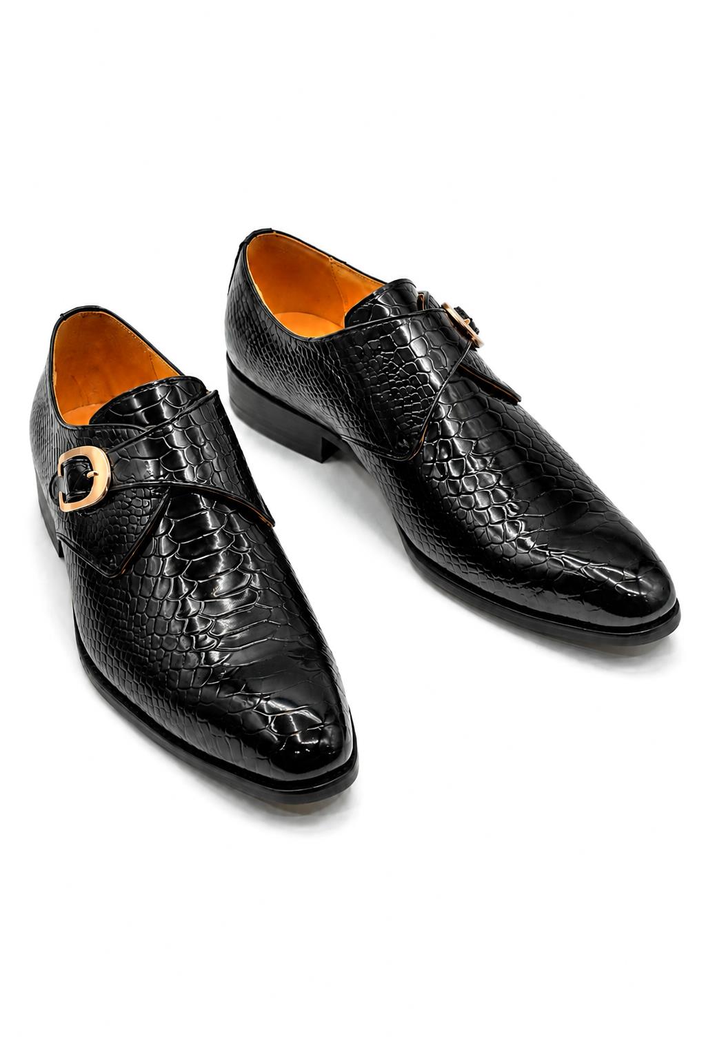 BLACK CROC PRINT PATENT LEATHER MONK SHOES