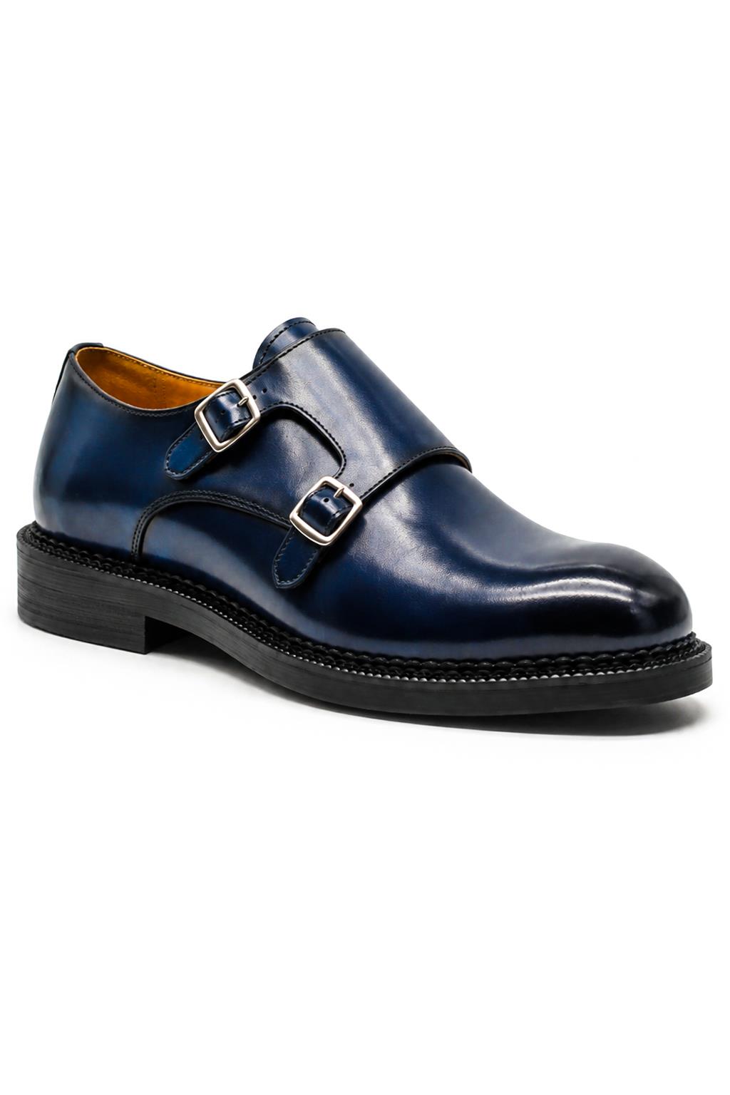 ROWE Men’s Blue Burnished Real Leather Double Monk Strap Shoes